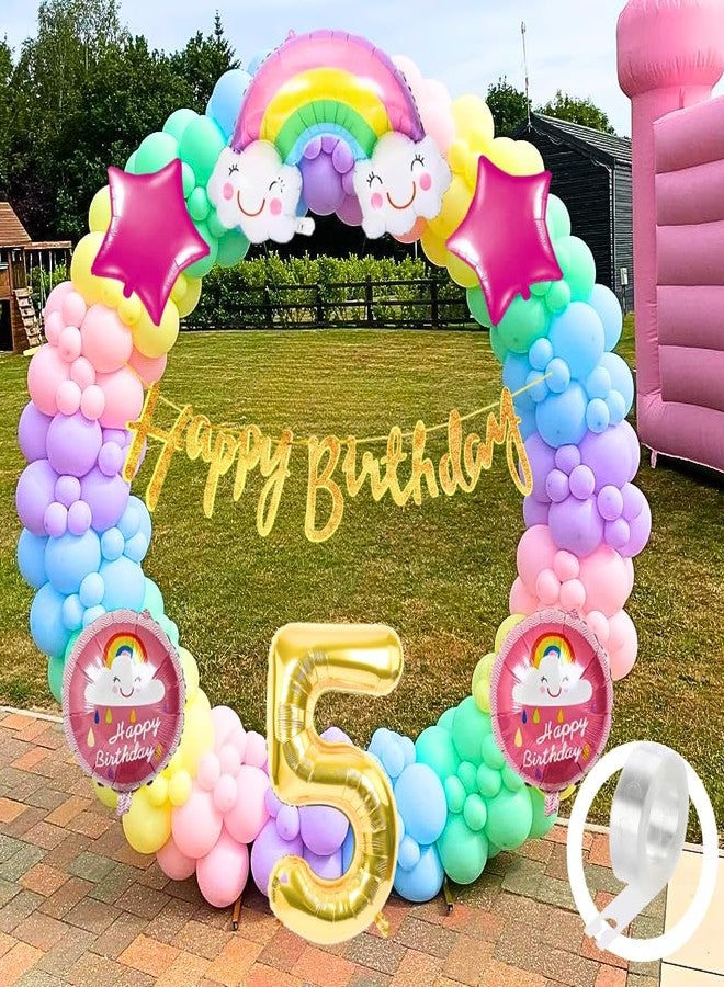Flyloons Latex Rainbow Theme 5Th Birthday Decorations Kit Girls Boys Kids Baby Girl For 5 Year With Number Rainbow Pink Star Pink Purple Yellow Blue Green Pastel Balloons Happy Gold Banner, 58 Pcs - Image 1